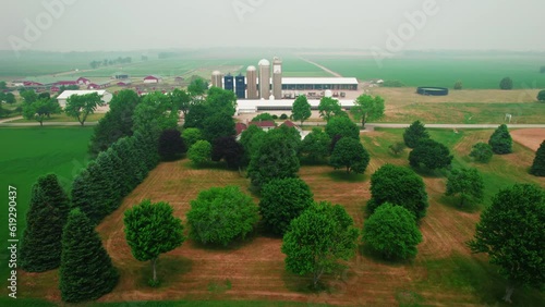 Clouds of smoke north West of Chicago Air pollution from wilfire of Canada reached Illinois. . Aerial above fields and farms in  McHenry. photo