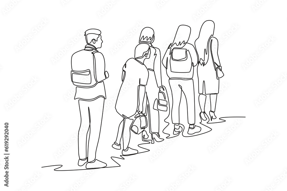 Continuous one line drawing concept of a crowd of happy people outdoors. Single line draw design vector graphic illustration. Continuous one line drawing concept of a crowd of happy people outdoors. Single line draw design vector graphic illustration.