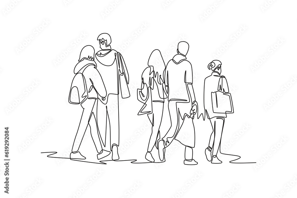 Continuous one line drawing concept of a crowd of happy people outdoors. Single line draw design vector graphic illustration.