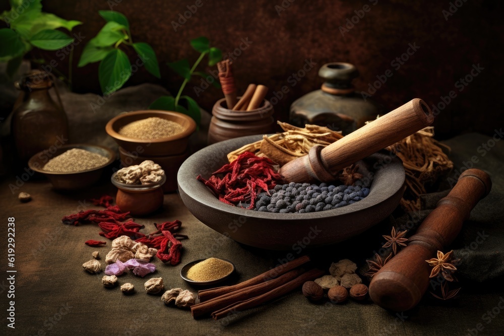 table with a variety of mortar, spices, and herbs table with a variety of mortar, spices, and herbs