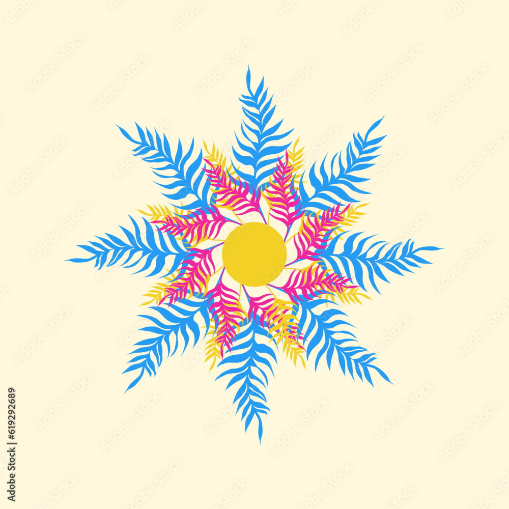 Blue and pink feather floral symmetry radial vector illustration