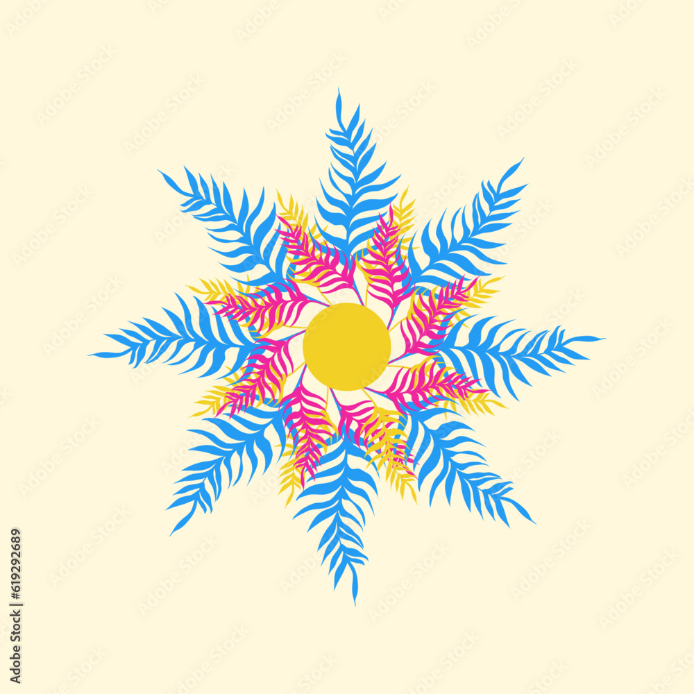Obraz premium Blue and pink feather floral symmetry radial vector illustration
