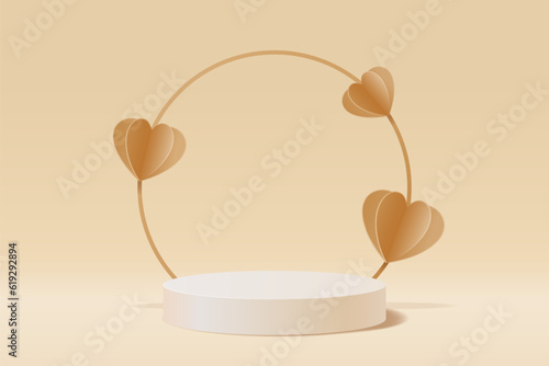 Abstract 3D gold scene with white cylinder stand for displaying products decorated with gold paper cut hearts