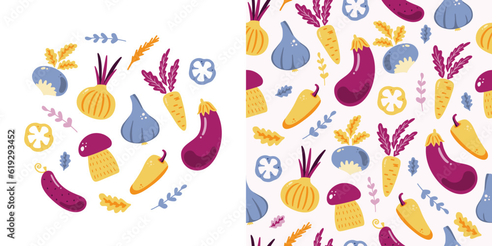 Set and pattern with cute hand drawn vegetables Set and pattern with cute hand drawn vegetables