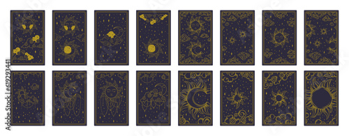Tarot aesthetic golden card set. Heavenly tarot designs for oracle card covers. Vector illustration isolated in blue background