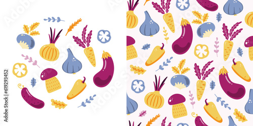 Set and pattern with cute hand drawn vegetables