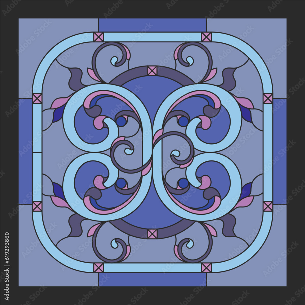 Medieval dark blue and burgundy church stained glass. Window frame with