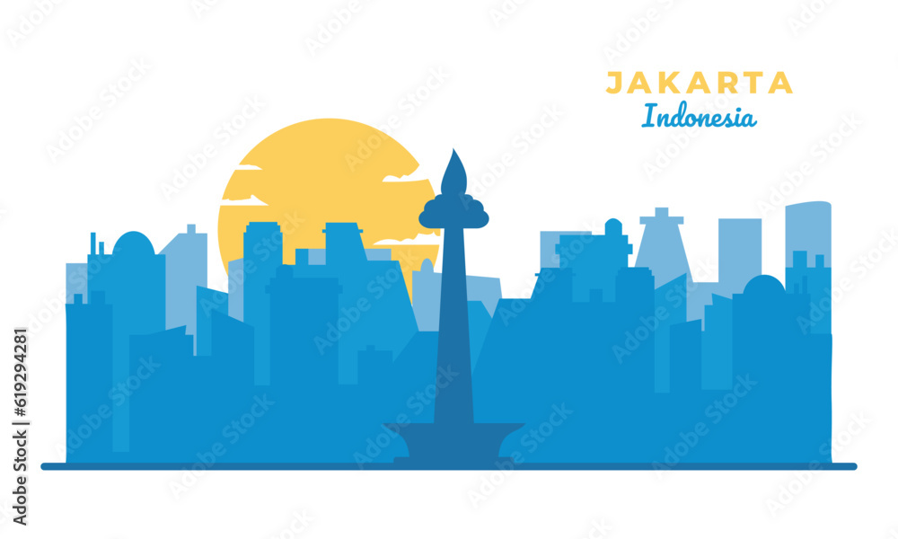 Jakarta Indonesia silhouette vector illustration with monas symbol and tall office building. Panoramic concept of Jakarta City. Designed in simple flat cartoon style. D.K.I Jakarta.