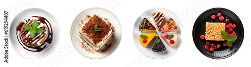 Set of top view tasty delicious desserts meal food in plate, souffle dessert with chocolate sauce, tiramisu cake, piece of cake, Red berries crumble bar dessert, ai generate photo