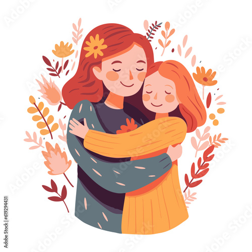 Mother embraces her daughter on a floral background, vector illustration in a flat style