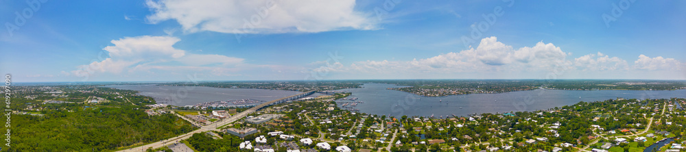 Aerial panorama Roosevelt Bridge Stuart Florida St Lucie River