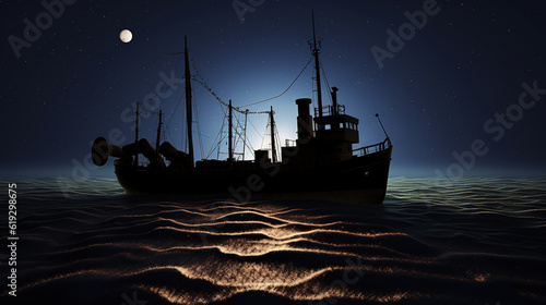 Ocean boat, fishing boat, night time, silhouette