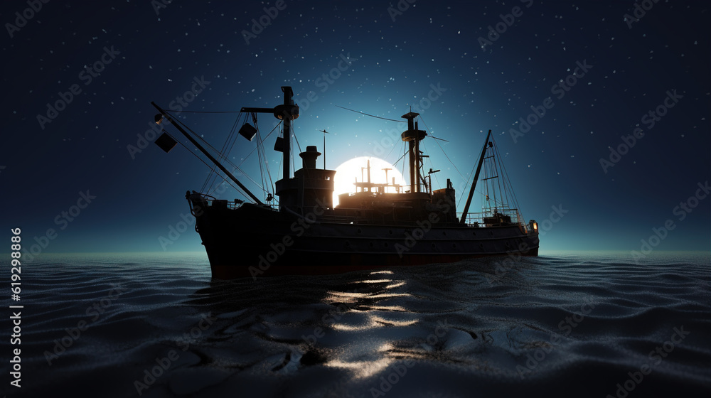 Fototapeta premium Ocean boat, fishing boat, night time, silhouette