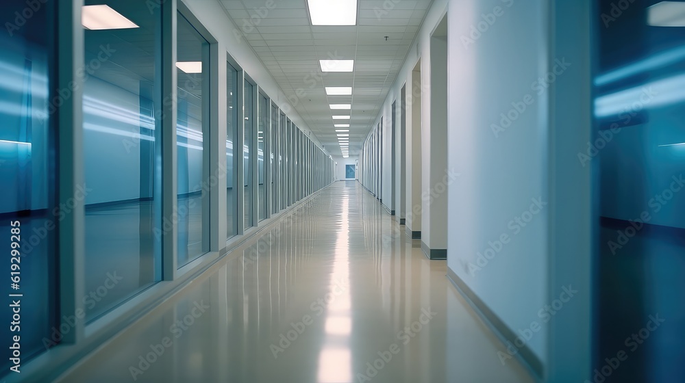Long empty modern office corridor with bright white light and large windows, best for background concepts and ideas for business presentation background, wallpaper and backdrop 