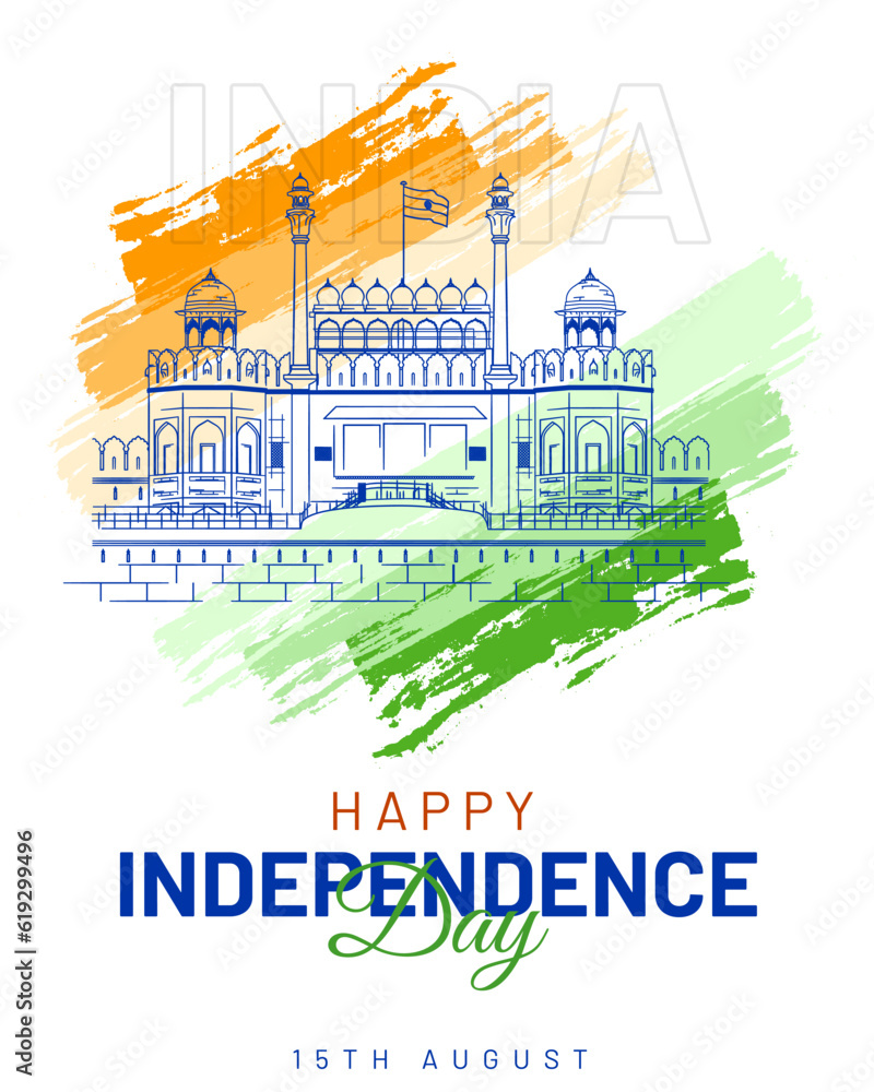 15th august indian independence day social media post design with red fort illustration, red fort outline drawing