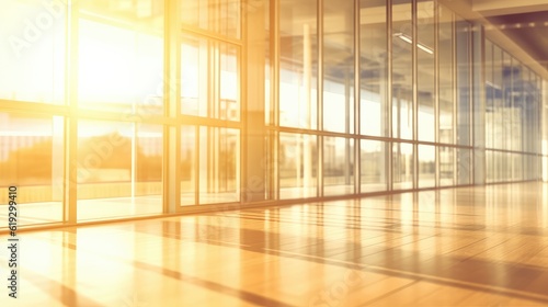Golden hours light coming from the large office window, beautiful long office corridor with and defocused room background with large glass windows, modern office concept