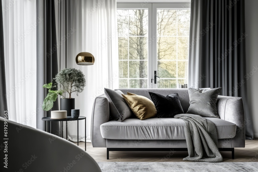 cozy living room with a comfortable couch and a large window letting in natural light. Generative AI cozy living room with a comfortable couch and a large window letting in natural light. Generative AI