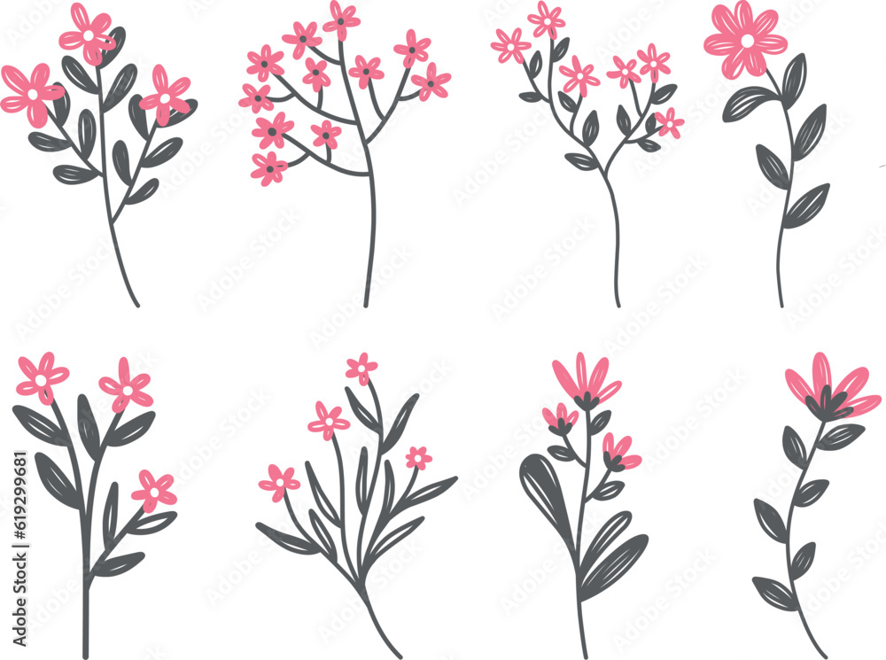 Hand drawn vector illustration set of pink flowers on white background. Isolated objects for your design