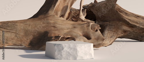 Fototapeta Naklejka Na Ścianę i Meble -  3d display rustic wood and stone podium background for cosmetic, perfume, jewelry and products presentation.3d rendering illustration