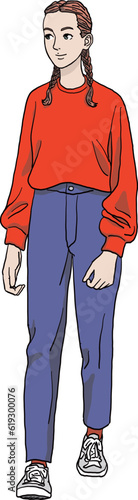 赤いニットを着た若い女性