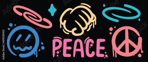 Set of graffiti spray paint vector. Brush paint ink drip collection of text, word, peace symbol, emoji, sparkle, hand. Neon spray design illustration for decoration, card, sticker, street art.
