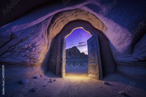 n open door with a view of a desert landscape and mountains in the distance. Generative AI