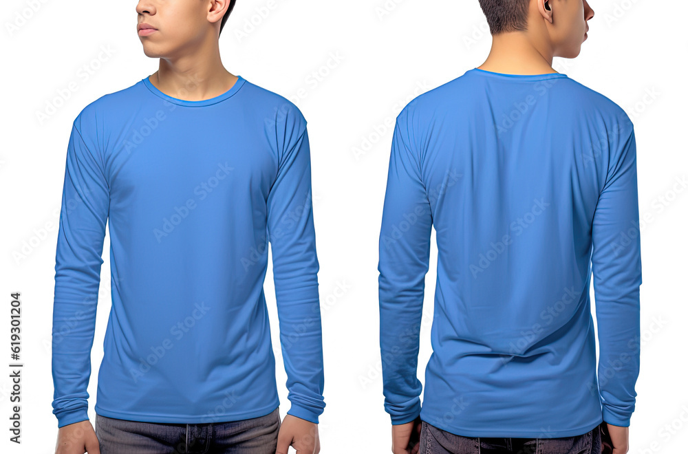 Man wearing a blue T-shirt with long sleeves. Front and back view Man wearing a blue T-shirt with long sleeves. Front and back view