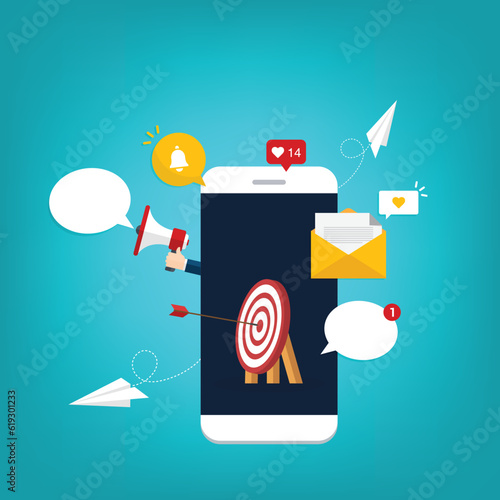 Mobile phone marketing. Reaching online audience with email marketing campaign, social media content, newsletter subscription. Vector illustration