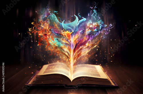 Colorful magical flow coming out of an opened book Magical story ai generated