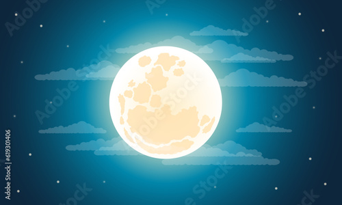 Fototapeta Naklejka Na Ścianę i Meble -  Cloudy night sky with a full moon illustration. Vector background. Best for publishing, posters, prints and web design.