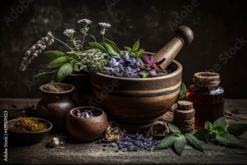 rustic mortar bowl overflowing with fresh flowers and fragrant herbs. Generative AI