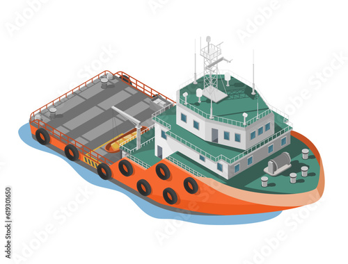 Platform supply vessel boat Offshore oil rig Services isometric Cartoon Illustration Infographic of Oil Industry in ocean isolated top view vector 