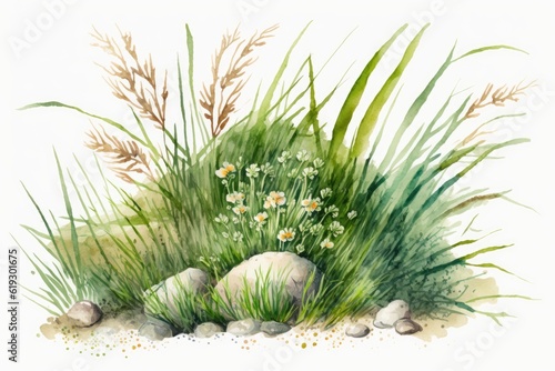 grass and rocks painted in watercolor. Generative AI