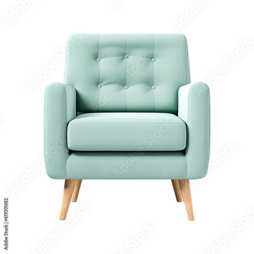 Armchair art deco style in cyan isolated on transparent background. Front view. Series of furniture