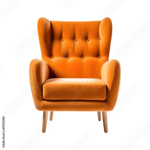 Armchair art deco style in orange isolated on transparent background. Front view. Series of furniture