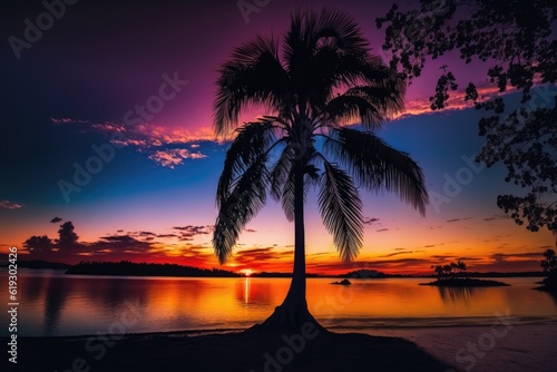 palm tree silhouette against a vibrant sunset. Generative AI © 2rogan