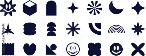 Brutalism shapes, Abstract minimalist geometric elements. Brutalist design icons and signs. Trendy abstract minimalist figures, stars, flowes, circles. Modern abstract graphic design
