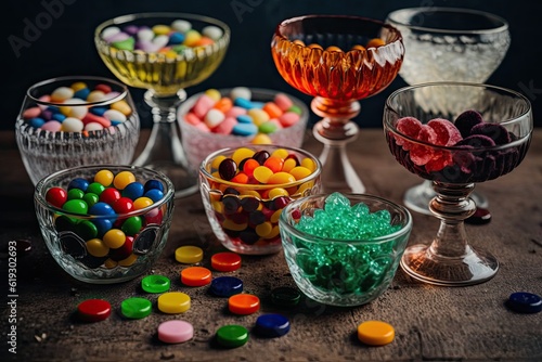 colorful candy-filled glass bowls arranged on a table. Generative AI