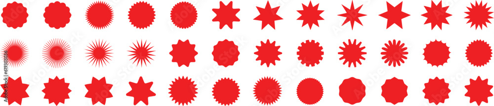 Set of red starburst. Price sticker, sale sticker, price tag, starburst, quality mark, retro stars, sale or discount sticker, sunburst badges, sun ray frames, promotional badge set, shopping labels - obrazy, fototapety, plakaty 