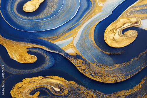 Blue and golden acrylic liquid ink swirl abstract background with ravishing turbulence wavy pattern and detailed texture. Luxury fluid liquid art by Generative AI.