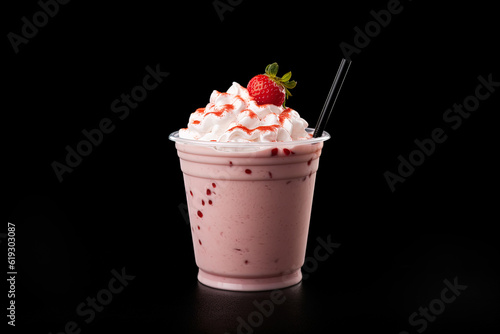 Strawberry milkshake in plastic takeaway cup isolated on black background © agungai