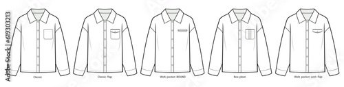 Unisex Button Down Shirts with different types of pocket fashion technical drawing templates. Long Sleeve, collection, Regular fit, front and back view, white color, women, men's. CAD mockup.