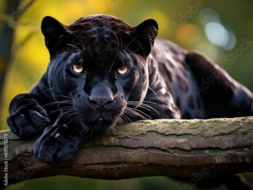 The black panther lies on a tree branch