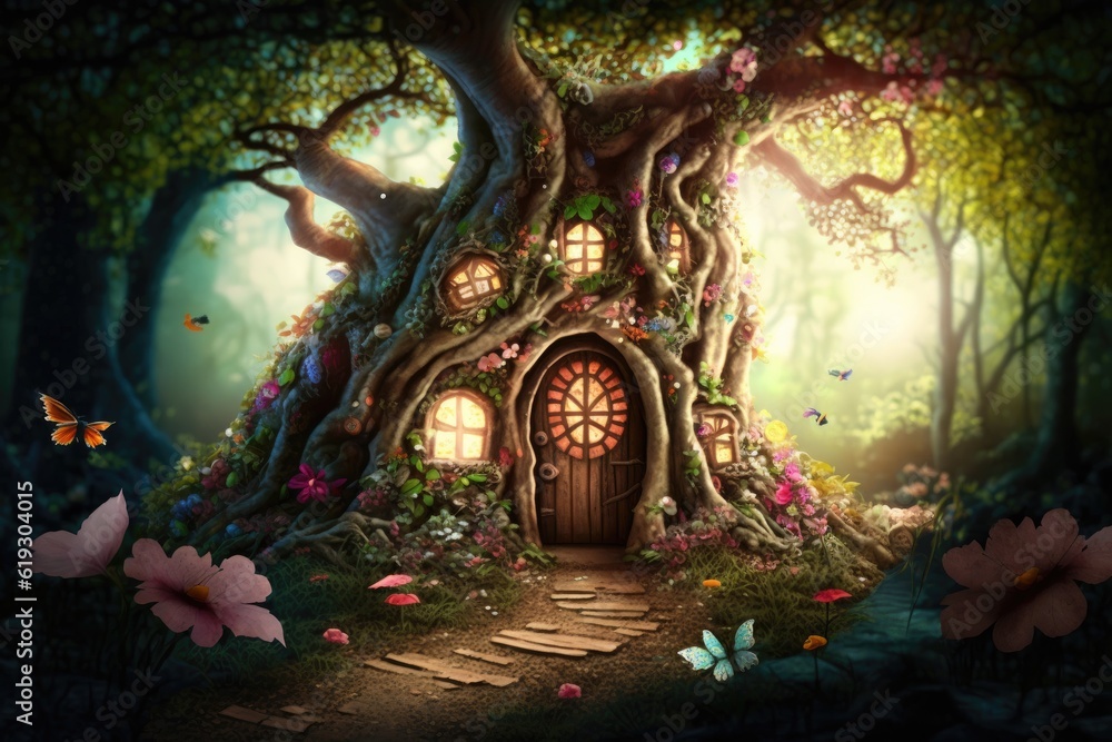 whimsical fairy house nestled in a enchanting forest. Generative AI