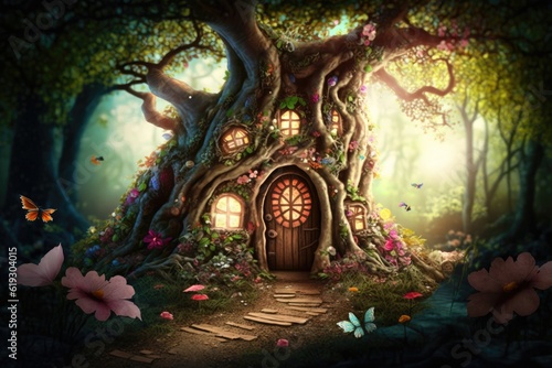 whimsical fairy house nestled in a enchanting forest. Generative AI