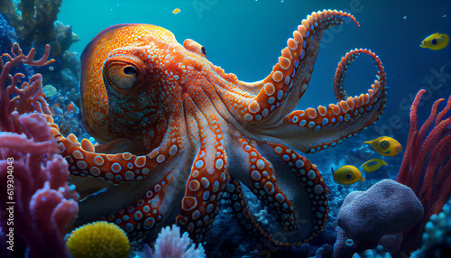 Underwater world. Octopus. corals Ai generated image