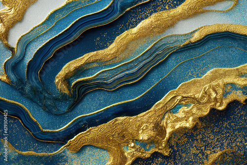 Blue and golden acrylic liquid ink swirl abstract background with ravishing turbulence wavy pattern and detailed texture. Luxury fluid liquid art by Generative AI.