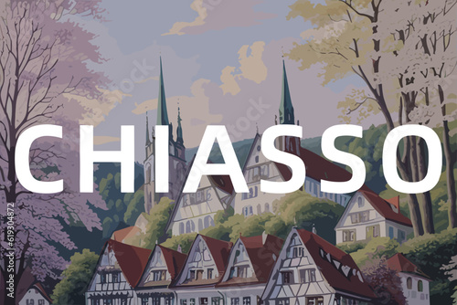 Chiasso: Beautiful painting of a Swiss town with the name Chiasso in Ticino