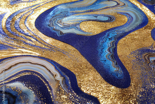 Blue and golden acrylic liquid ink swirl abstract background with ravishing turbulence wavy pattern and detailed texture. Luxury fluid liquid art by Generative AI.