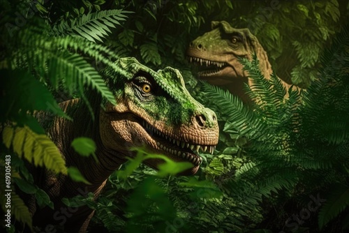 two dinosaurs roaming in a lush green landscape. Generative AI © 2rogan
